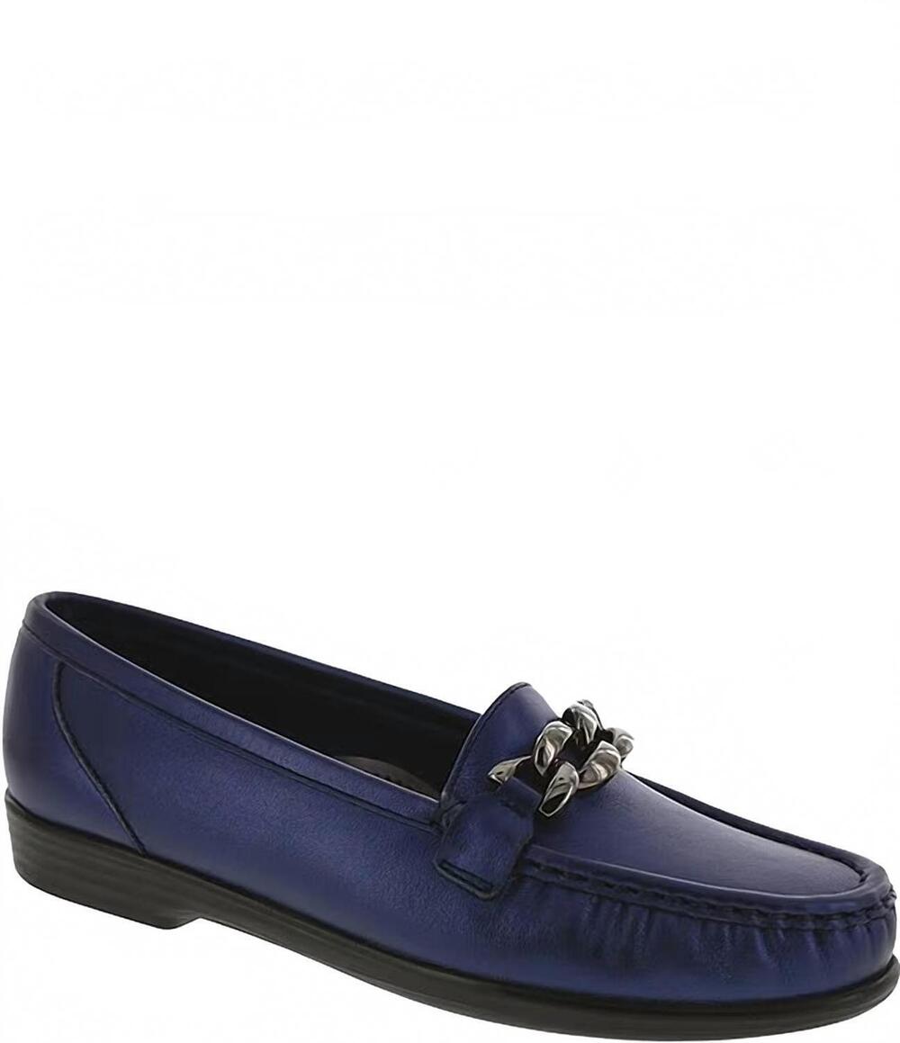 NEW SAS women's metro link leather chain detail loafers in metallic navy/black